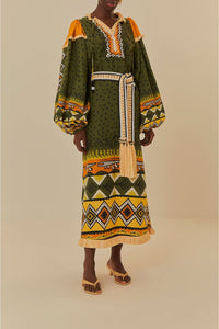 Robe midi Création à manches longues en lin - Vert
