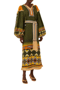 Robe midi Création à manches longues en lin - Vert