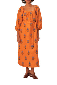 Robe longue brodée en lin - Orange