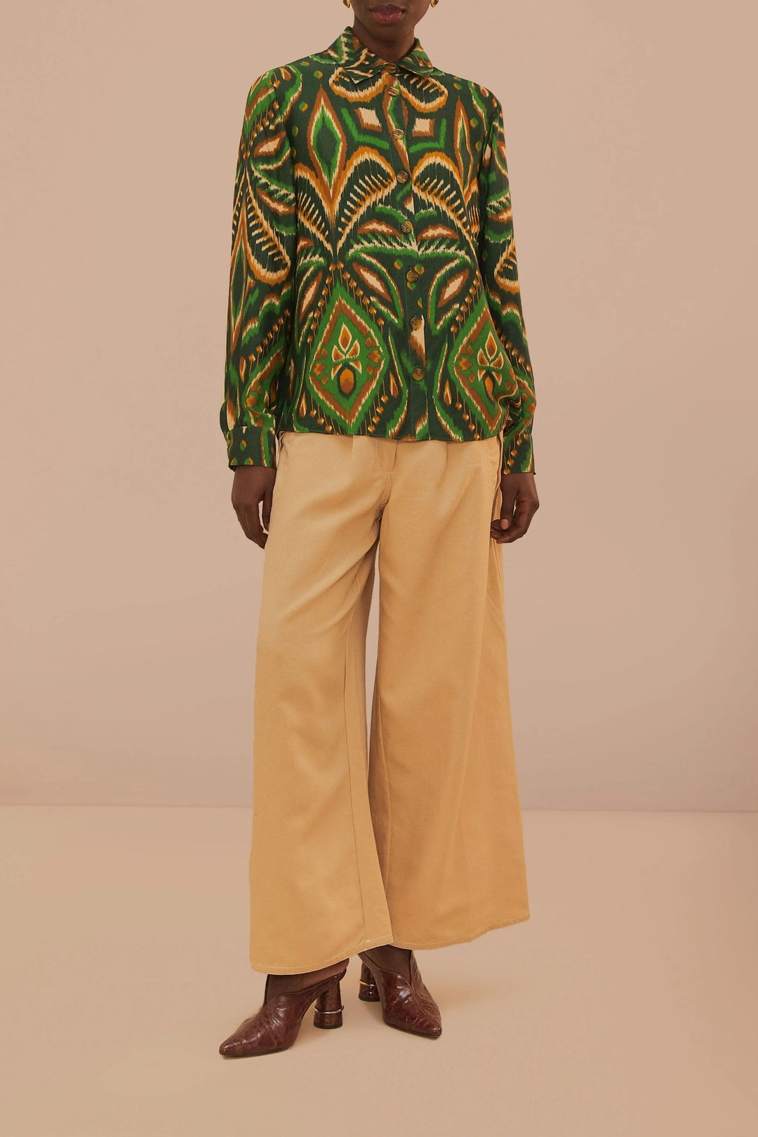 Pantalon surpiqué taille basse en coton - Beige