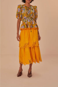 Jupe midi en dentelle à volants en coton - Orange