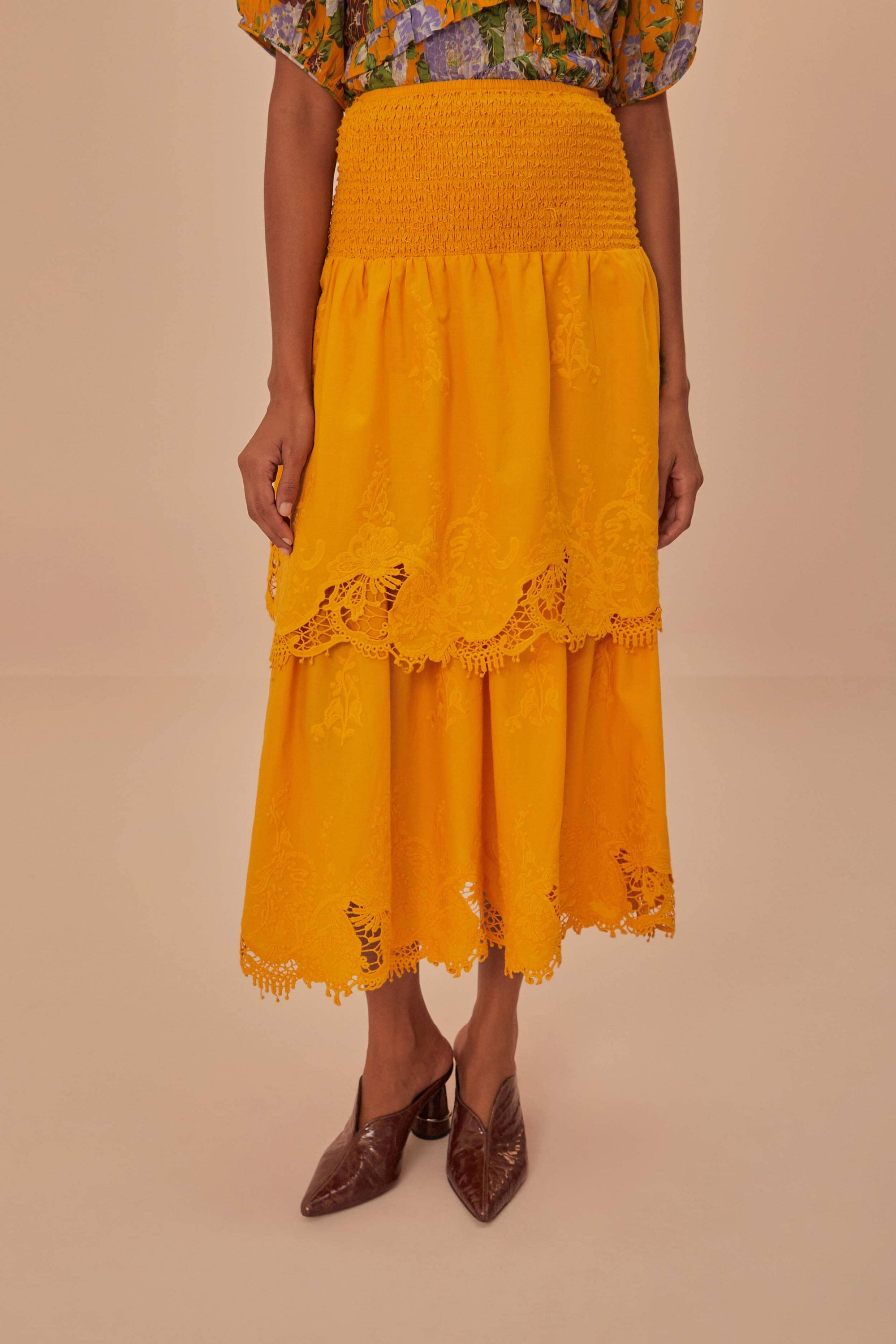 Jupe midi en dentelle à volants en coton - Orange