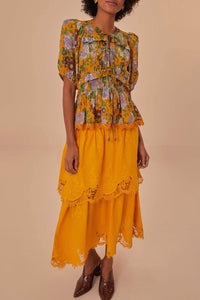 Jupe midi en dentelle à volants en coton - Orange