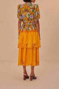 Jupe midi en dentelle à volants en coton - Orange