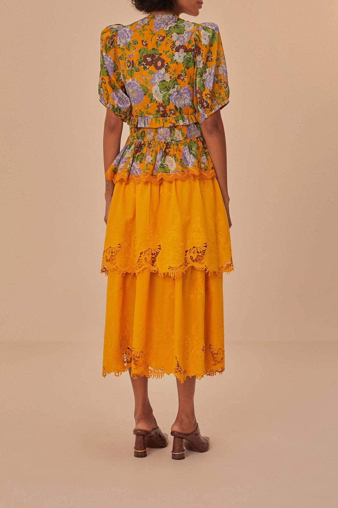 Jupe midi en dentelle à volants en coton - Orange