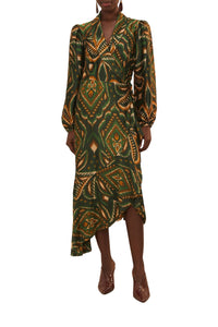 Robe midi Ananas ikat à manches longues - Vert