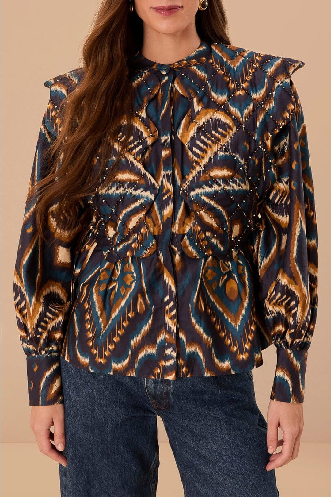Blouse Ananas Ikat matelassée à manches longues en coton - Bleu