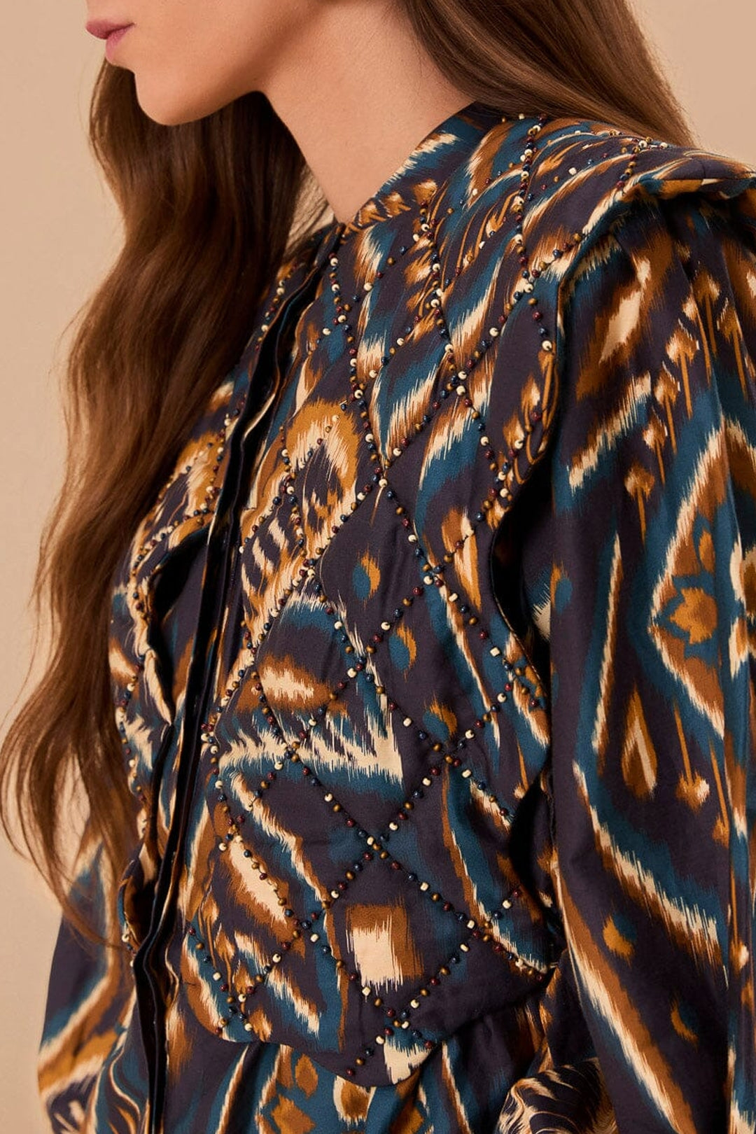 Blouse Ananas Ikat matelassée à manches longues en coton - Bleu