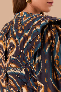 Blouse Ananas Ikat matelassée à manches longues en coton - Bleu