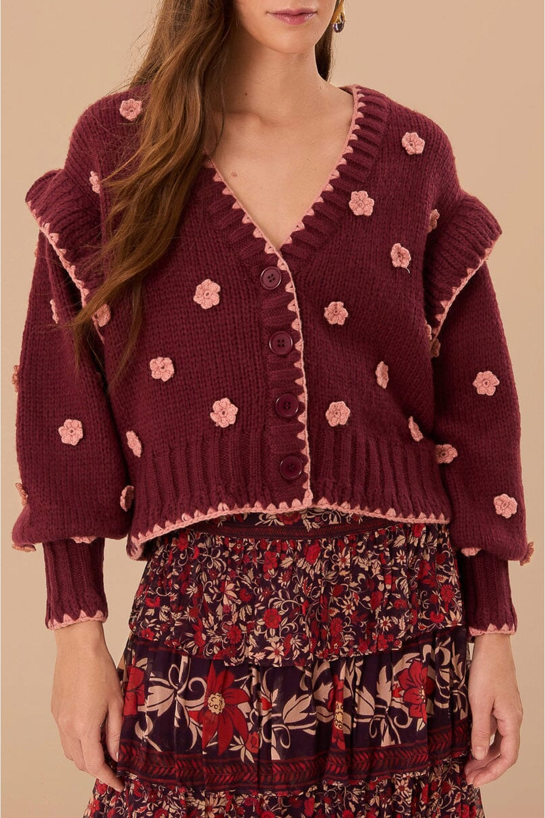 Cardigan Fleurs crochetées - Bordeaux