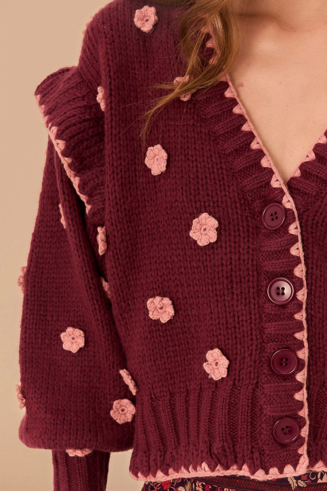 Cardigan Fleurs crochetées - Bordeaux