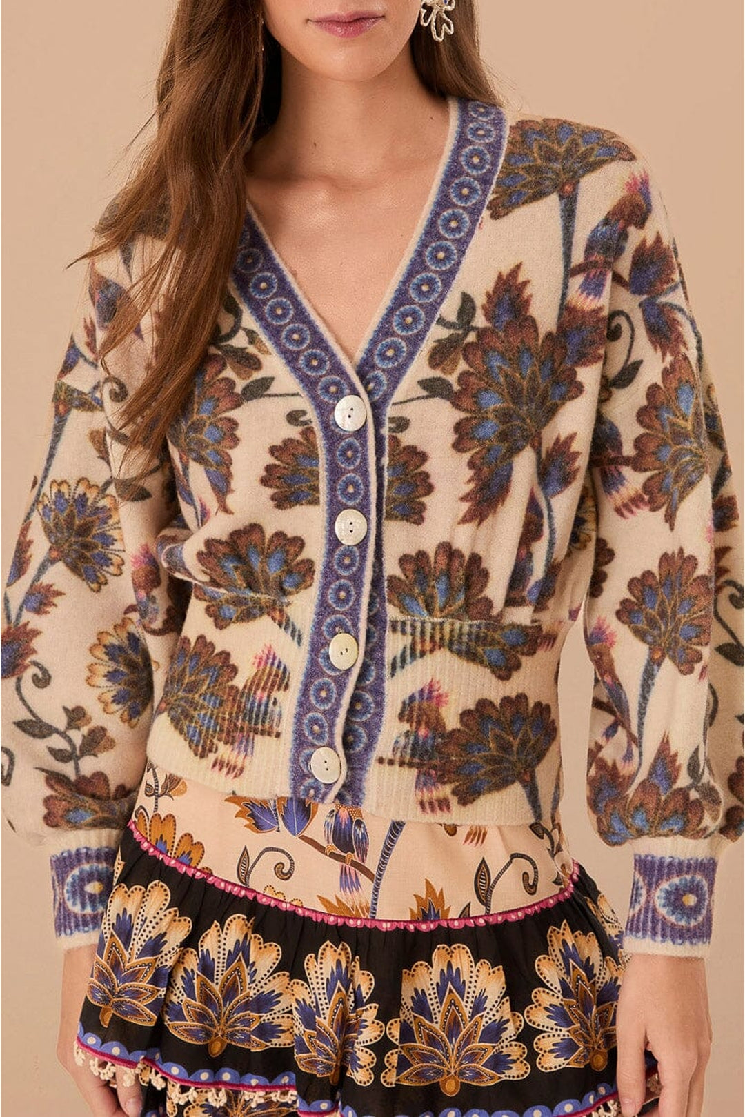 Cardigan Ainika en maille à fleurs en laine et alpaga - Beige