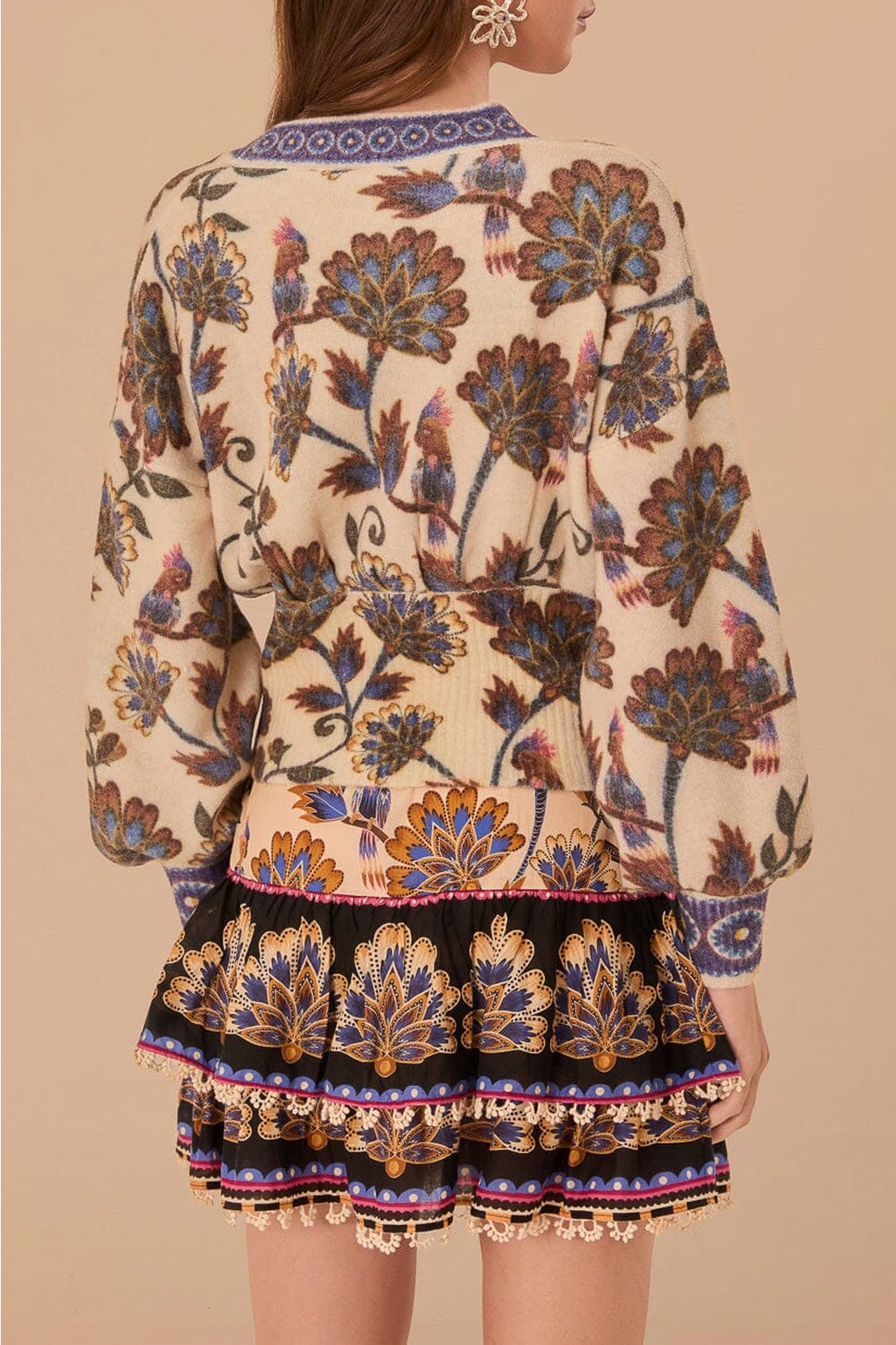 Cardigan Ainika en maille à fleurs en laine et alpaga - Beige