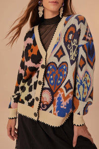 Cardigan en maille à cœurs Ikat - Beige