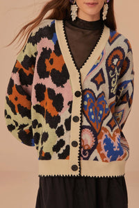 Cardigan en maille à cœurs Ikat - Beige