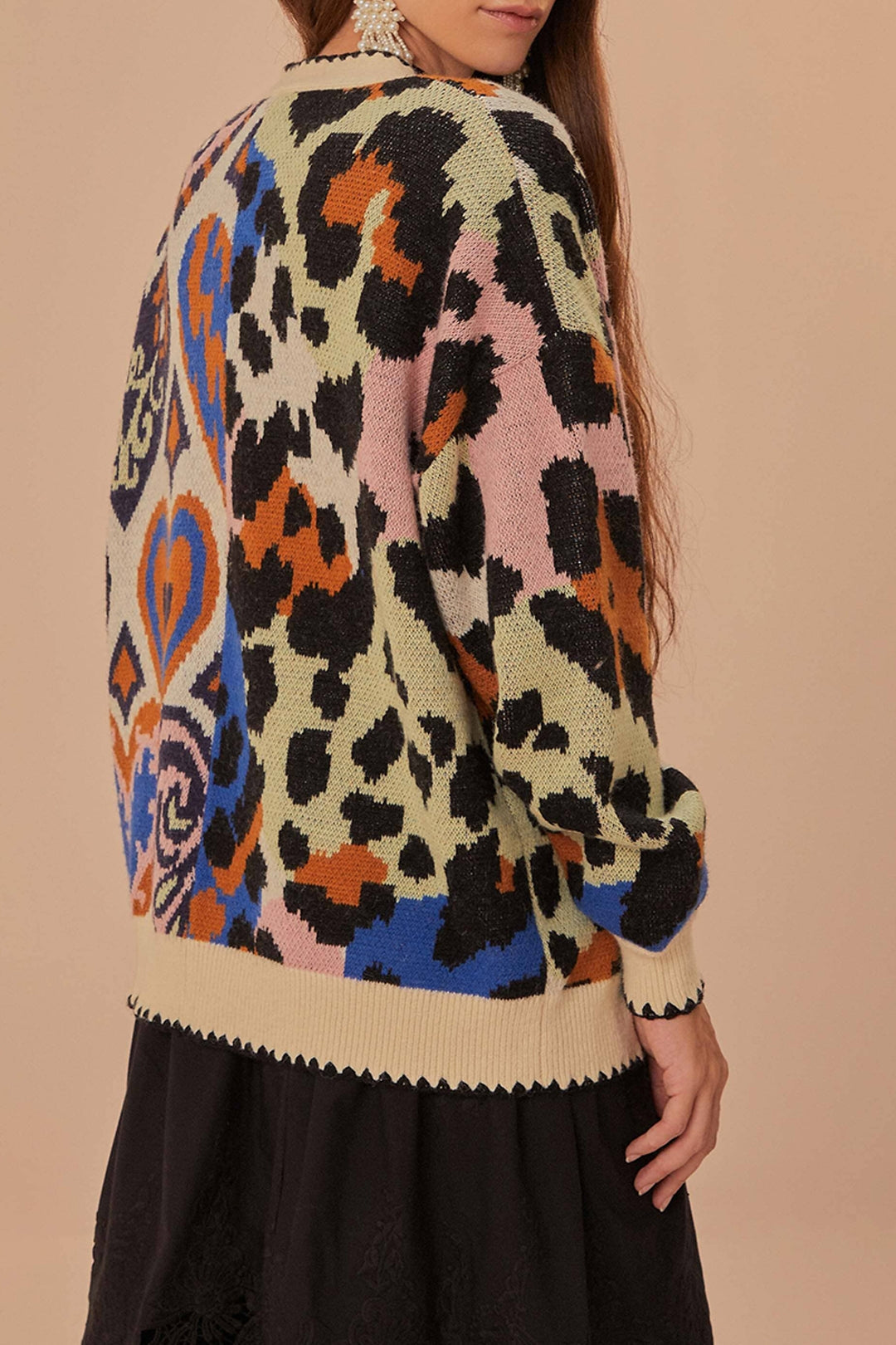 Cardigan en maille à cœurs Ikat - Beige