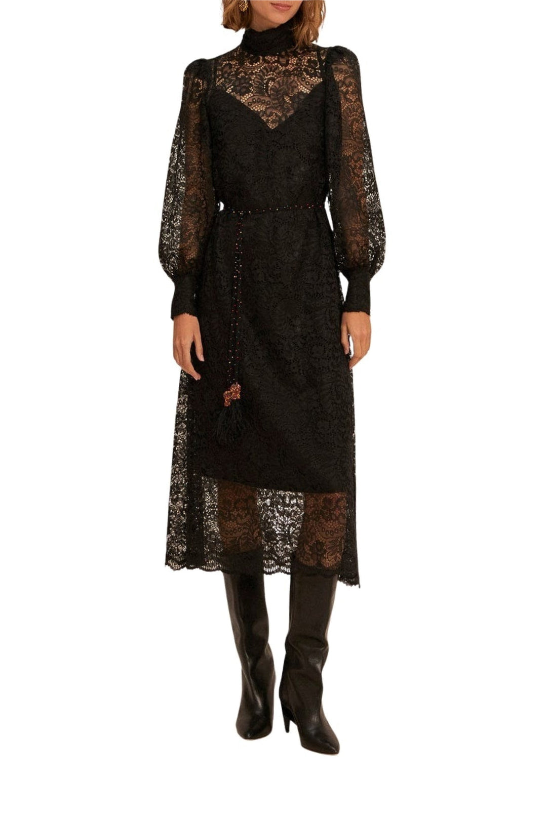 Robe midi en dentelle - Noir
