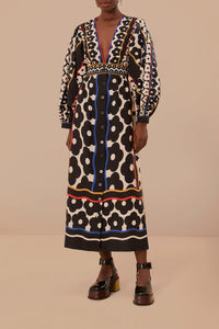 Robe longue à motif marguerite en coton - Noir