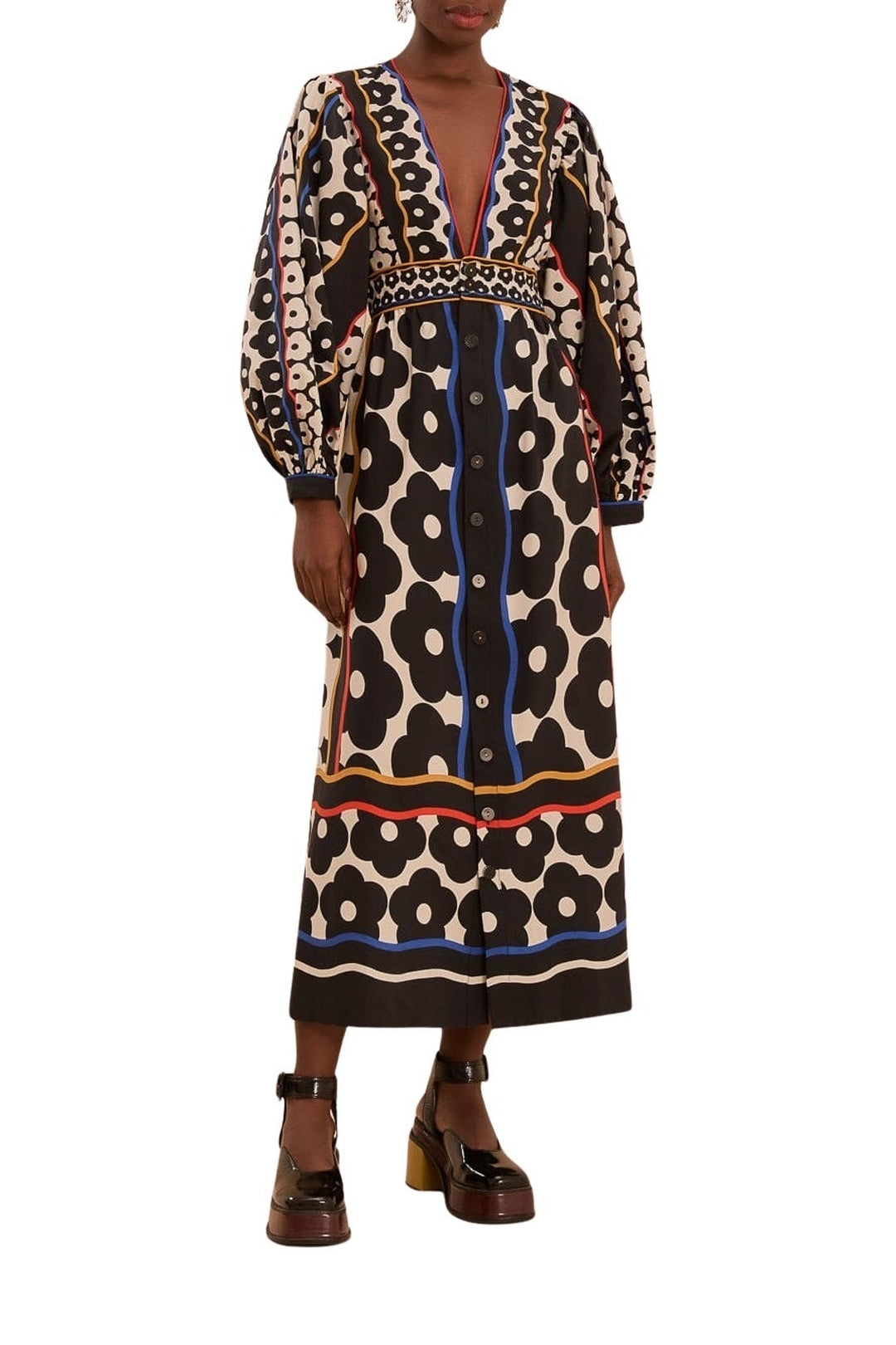 Robe longue à motif marguerite en coton - Noir