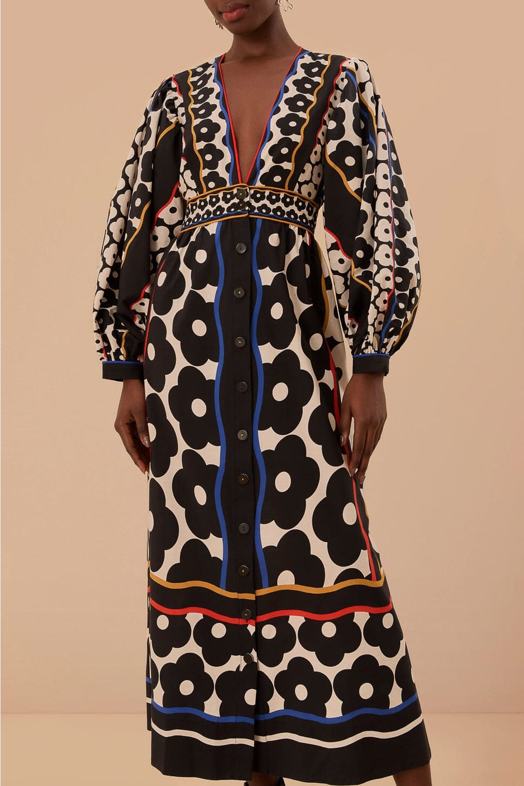 Robe longue à motif marguerite en coton - Noir