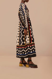 Robe longue à motif marguerite en coton - Noir