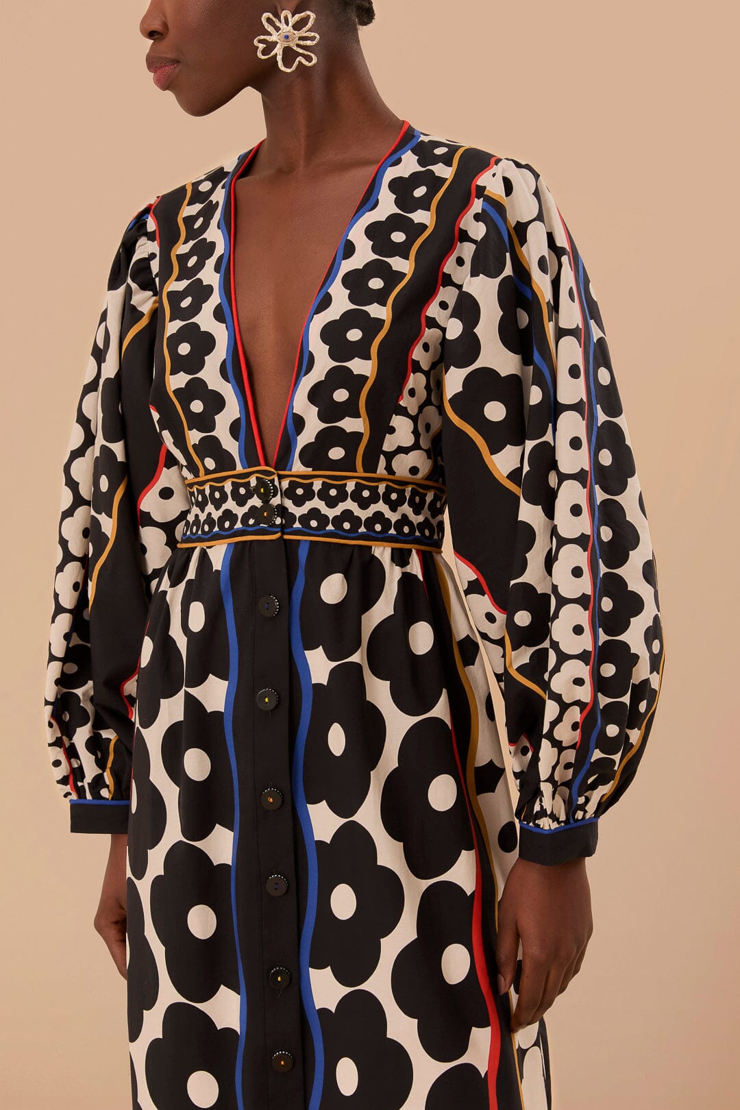 Robe longue à motif marguerite en coton - Noir