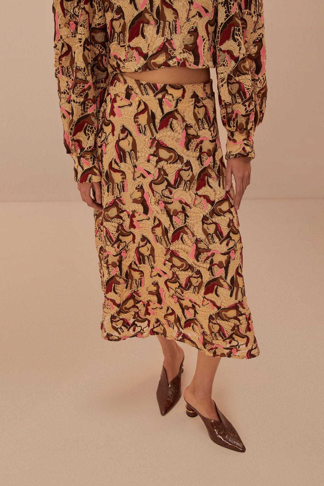 Jupe midi en dentelle à motifs de chevaux - Beige