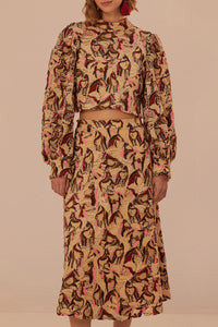 Jupe midi en dentelle à motifs de chevaux - Beige