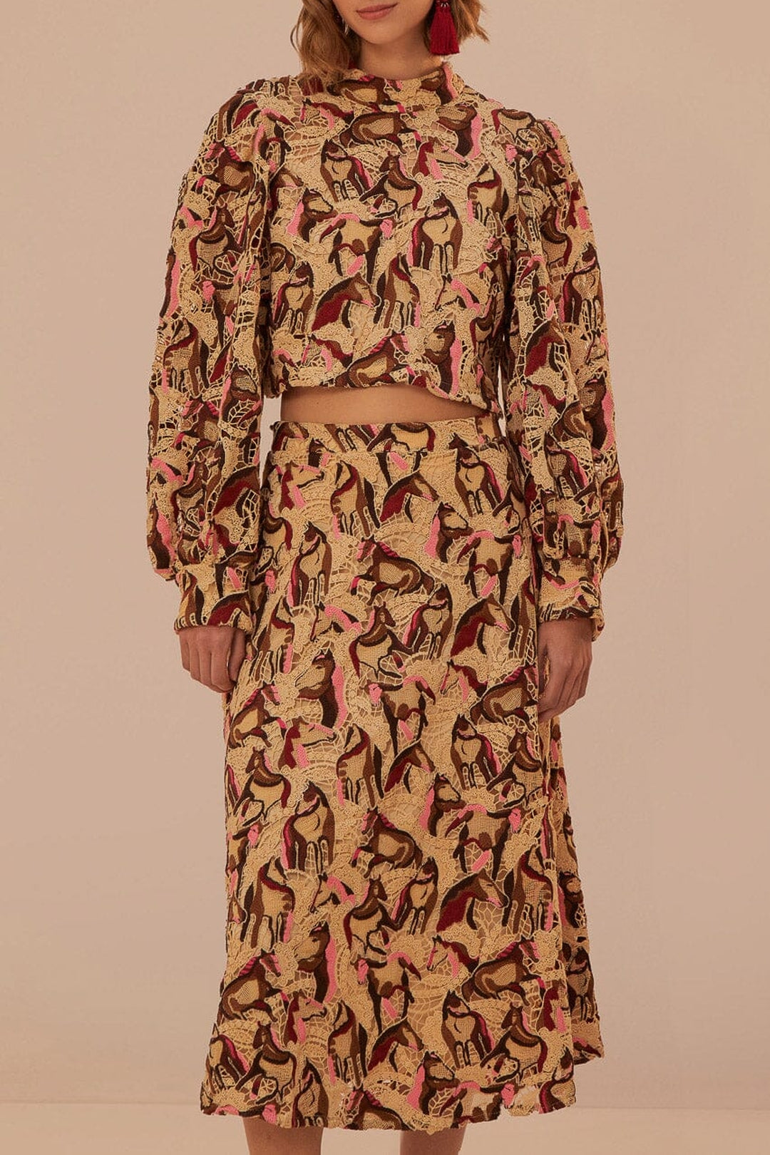 Jupe midi en dentelle à motifs de chevaux - Beige