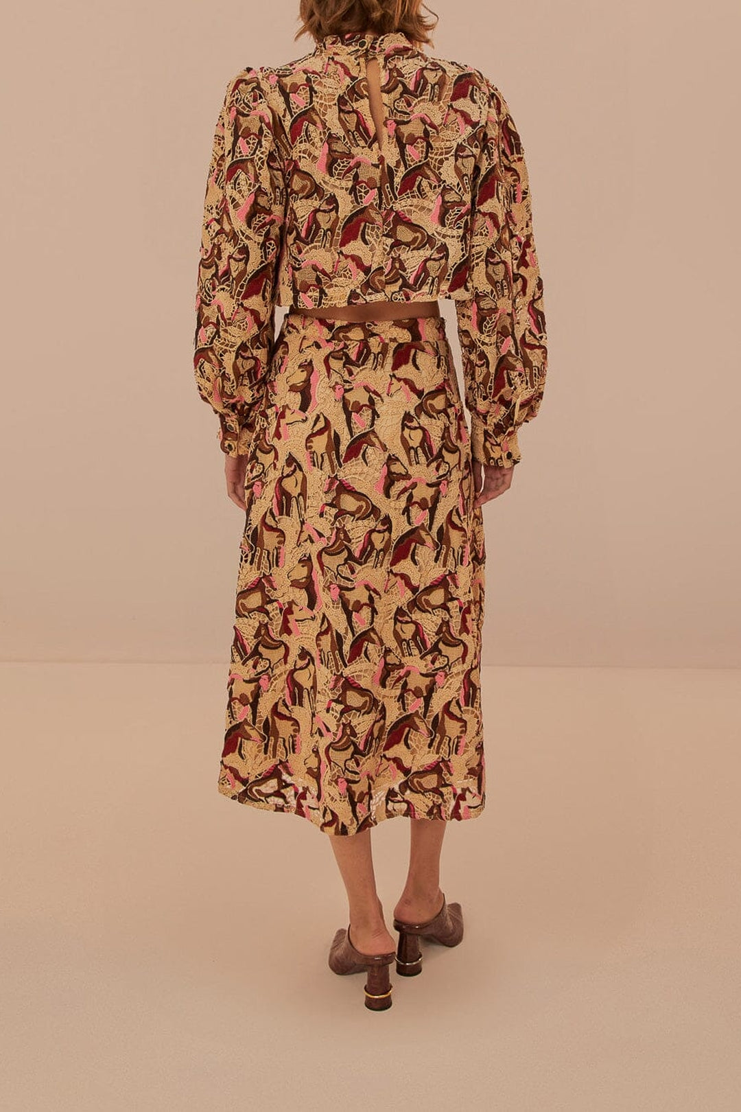 Jupe midi en dentelle à motifs de chevaux - Beige