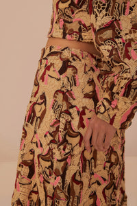 Jupe midi en dentelle à motifs de chevaux - Beige