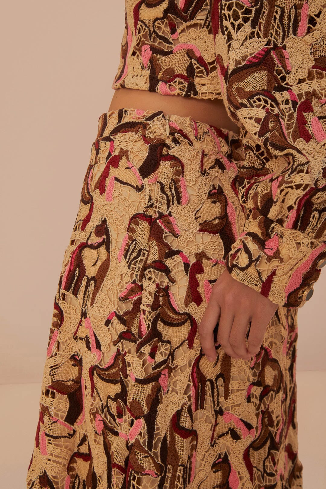 Jupe midi en dentelle à motifs de chevaux - Beige