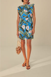 Robe courte Anthurium Garden en coton - Bleu