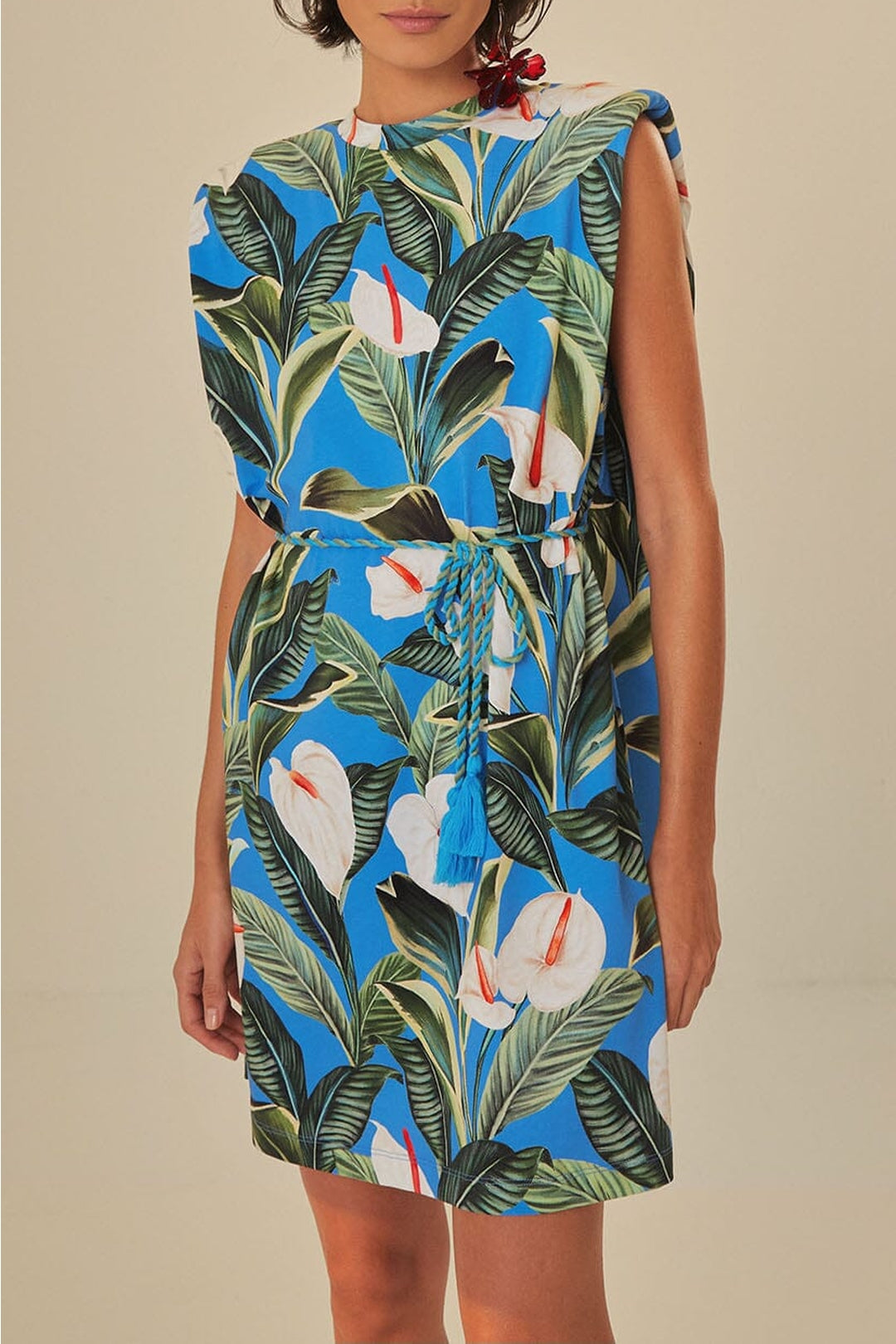 Robe courte Anthurium Garden en coton - Bleu
