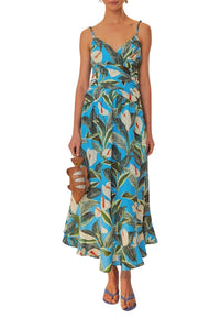 Robe longue croisée Jardin anthurium en lin - Bleu