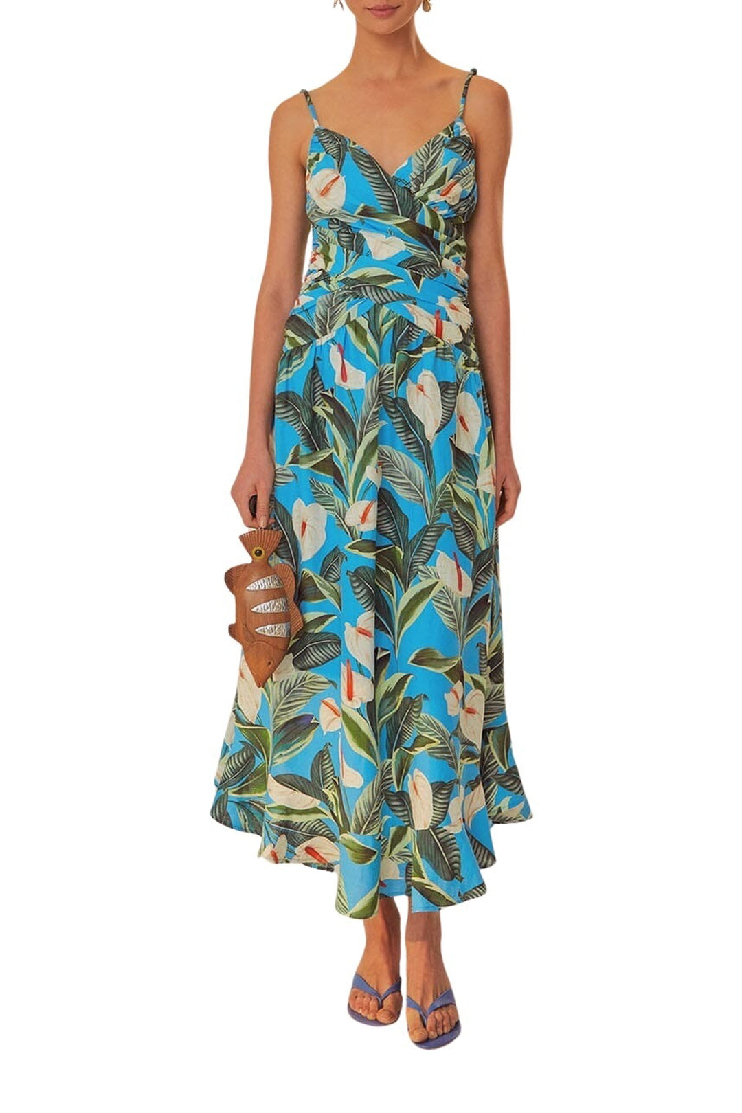 Robe longue croisée Jardin anthurium en lin - Bleu