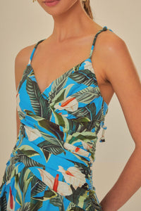 Robe longue croisée Jardin anthurium en lin - Bleu