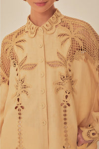 Chemise Richelieu Palmiers à manches longues en lin - Beige