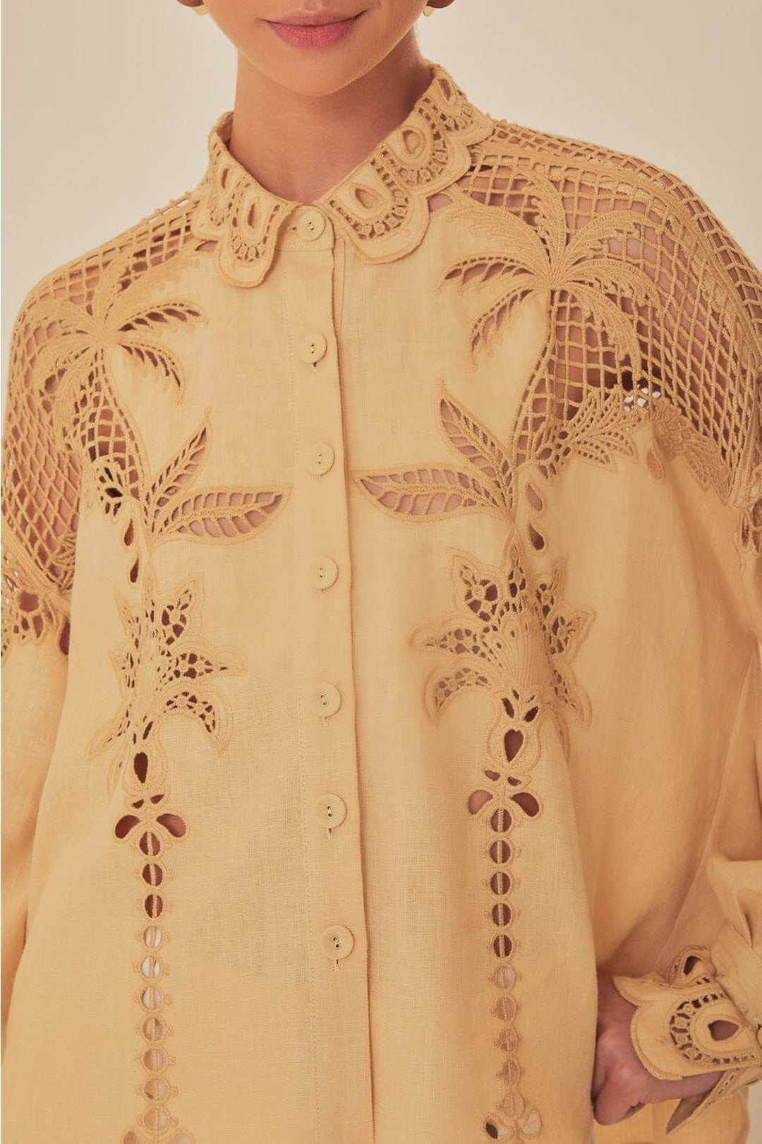 Chemise Richelieu Palmiers à manches longues en lin - Beige