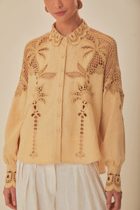 Chemise Richelieu Palmiers à manches longues en lin - Beige