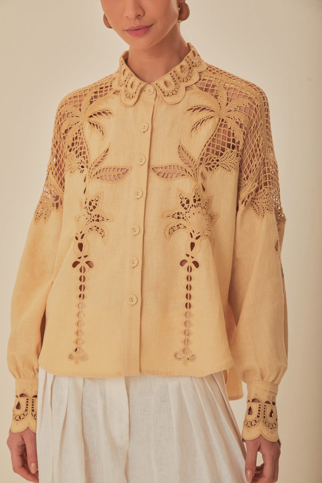 Chemise Richelieu Palmiers à manches longues en lin - Beige