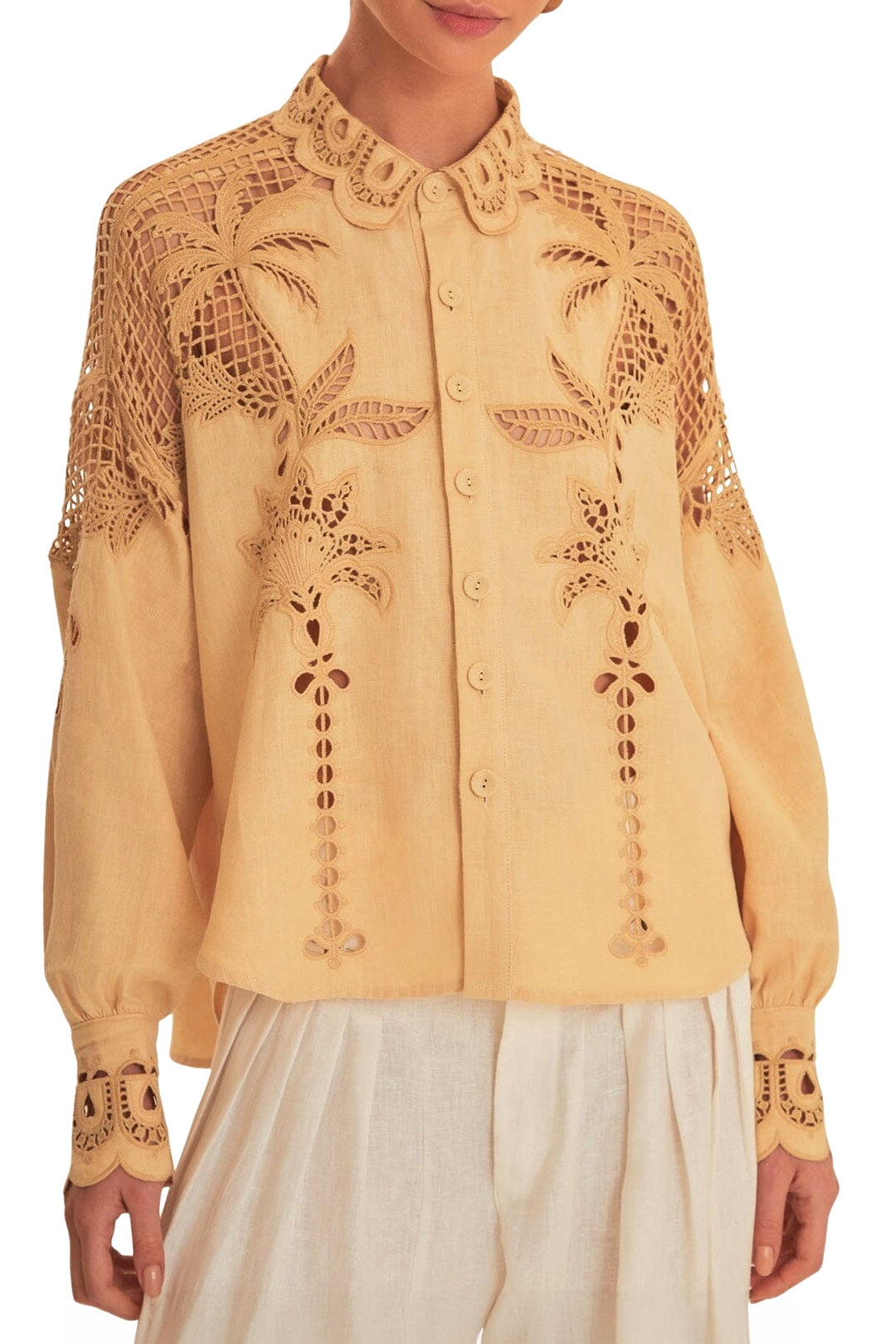 Chemise Richelieu Palmiers à manches longues en lin - Beige
