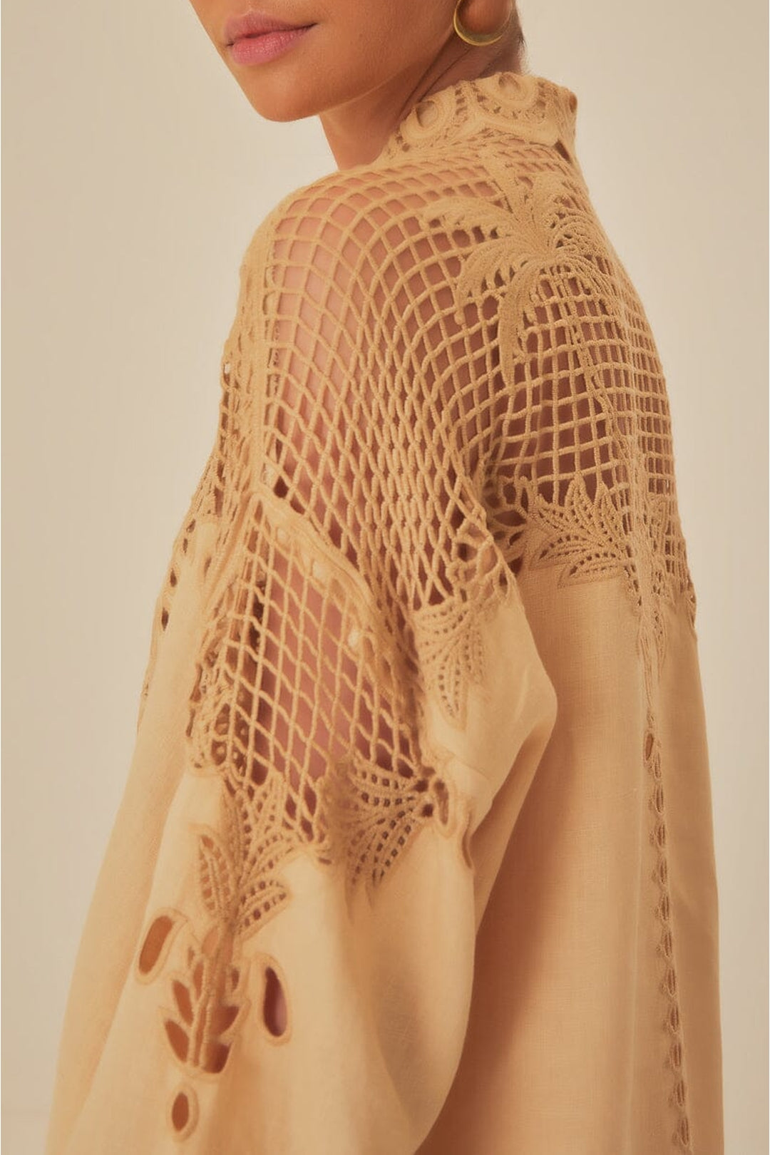 Chemise Richelieu Palmiers à manches longues en lin - Beige