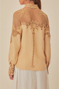 Chemise Richelieu Palmiers à manches longues en lin - Beige
