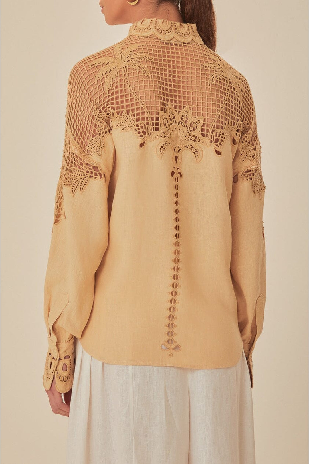 Chemise Richelieu Palmiers à manches longues en lin - Beige