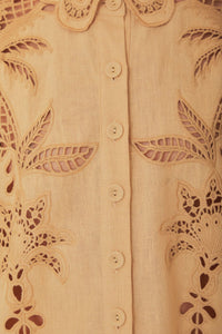 Chemise Richelieu Palmiers à manches longues en lin - Beige