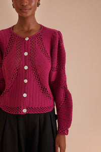 Cardigan à fleurs en crochet - Bordeaux