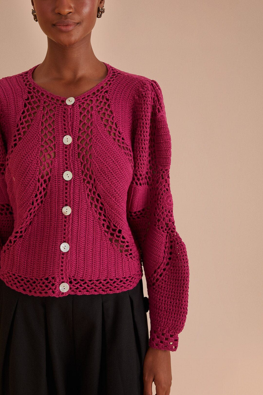 Cardigan à fleurs en crochet - Bordeaux