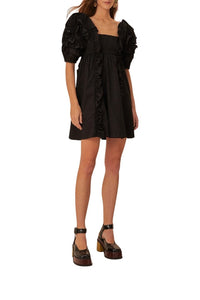 Robe courte à manches courtes et volants en coton - Noir