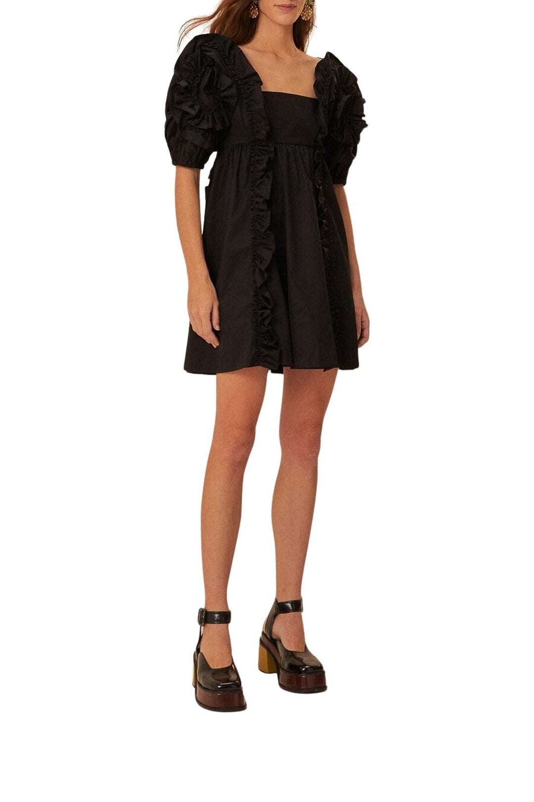 Robe courte à manches courtes et volants en coton - Noir
